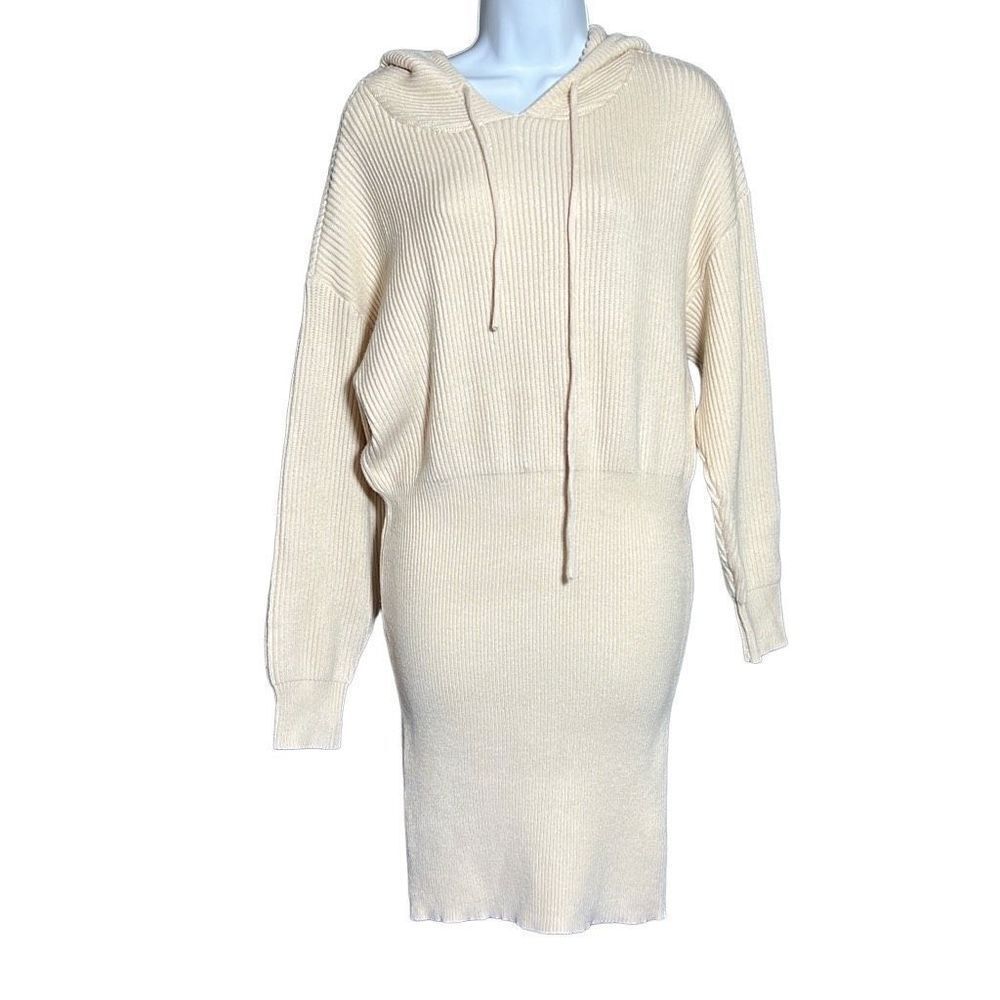 Pretty Garden Women's Drop Shoulder Sweater Dress Hooded Rib Knit Beige Small